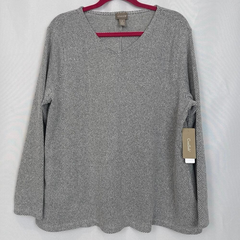 Chico's Womens CoziSoft Textured V Neck Top Size 3 XL Gray Ecru Layering NWT